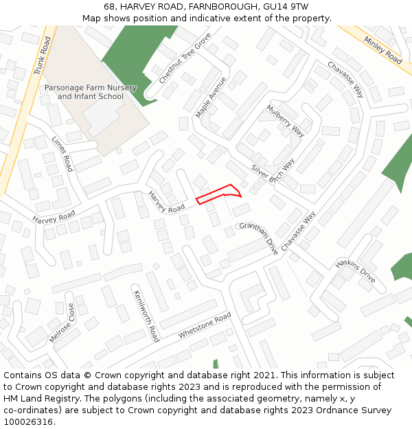 68, HARVEY ROAD, FARNBOROUGH, GU14 9TW: Location map and indicative extent of plot