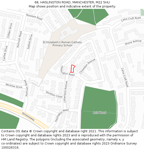 68, HASLINGTON ROAD, MANCHESTER, M22 5HU: Location map and indicative extent of plot