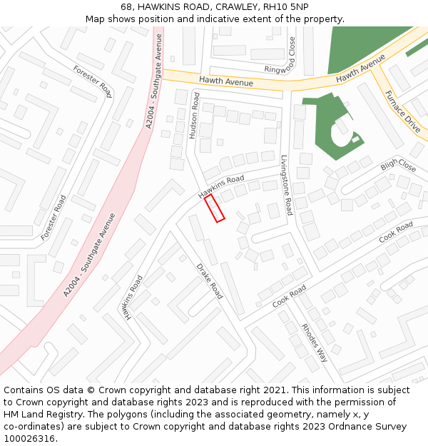 68, HAWKINS ROAD, CRAWLEY, RH10 5NP: Location map and indicative extent of plot