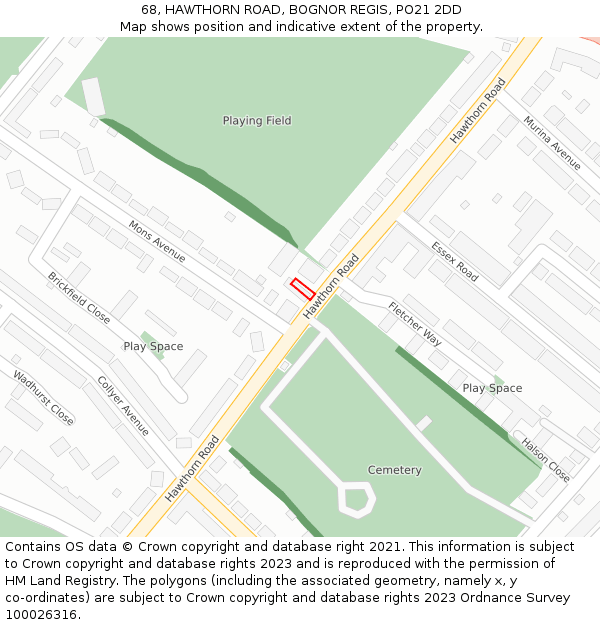 68, HAWTHORN ROAD, BOGNOR REGIS, PO21 2DD: Location map and indicative extent of plot