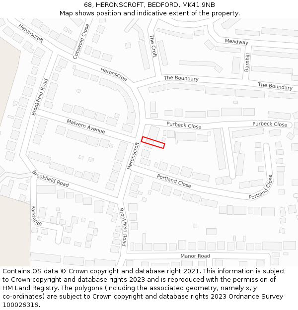 68, HERONSCROFT, BEDFORD, MK41 9NB: Location map and indicative extent of plot