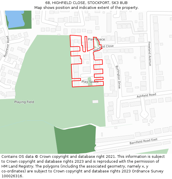 68, HIGHFIELD CLOSE, STOCKPORT, SK3 8UB: Location map and indicative extent of plot