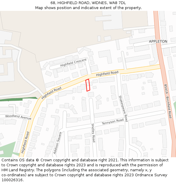 68, HIGHFIELD ROAD, WIDNES, WA8 7DL: Location map and indicative extent of plot