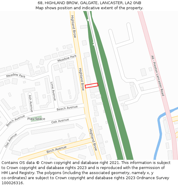 68, HIGHLAND BROW, GALGATE, LANCASTER, LA2 0NB: Location map and indicative extent of plot