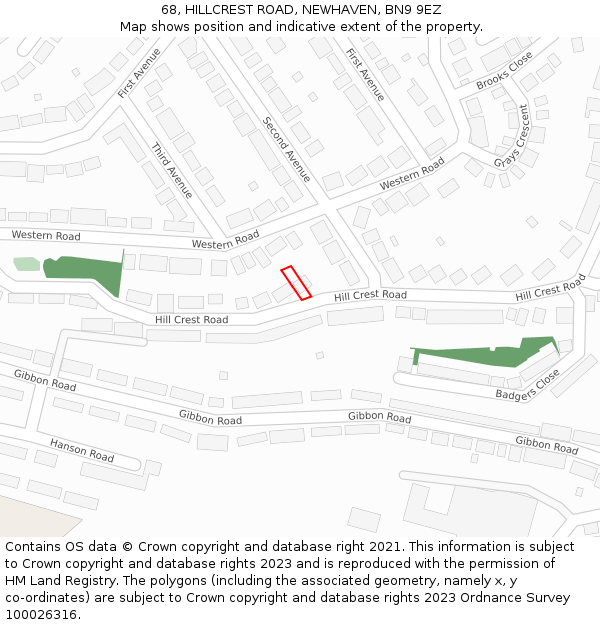 68, HILLCREST ROAD, NEWHAVEN, BN9 9EZ: Location map and indicative extent of plot