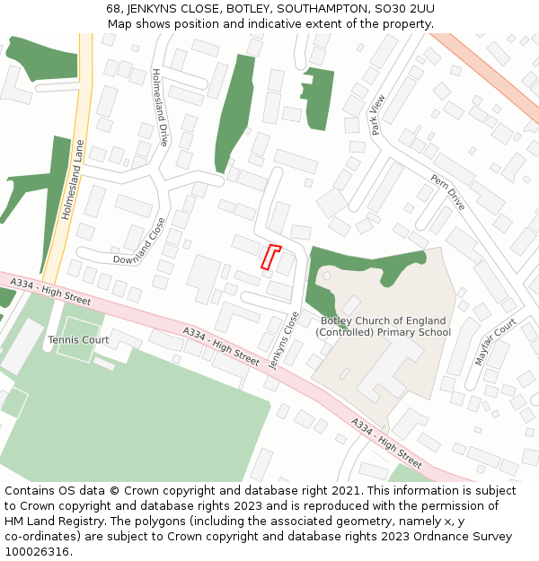 68, JENKYNS CLOSE, BOTLEY, SOUTHAMPTON, SO30 2UU: Location map and indicative extent of plot