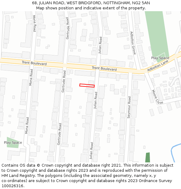 68, JULIAN ROAD, WEST BRIDGFORD, NOTTINGHAM, NG2 5AN: Location map and indicative extent of plot