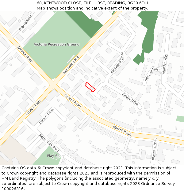 68, KENTWOOD CLOSE, TILEHURST, READING, RG30 6DH: Location map and indicative extent of plot