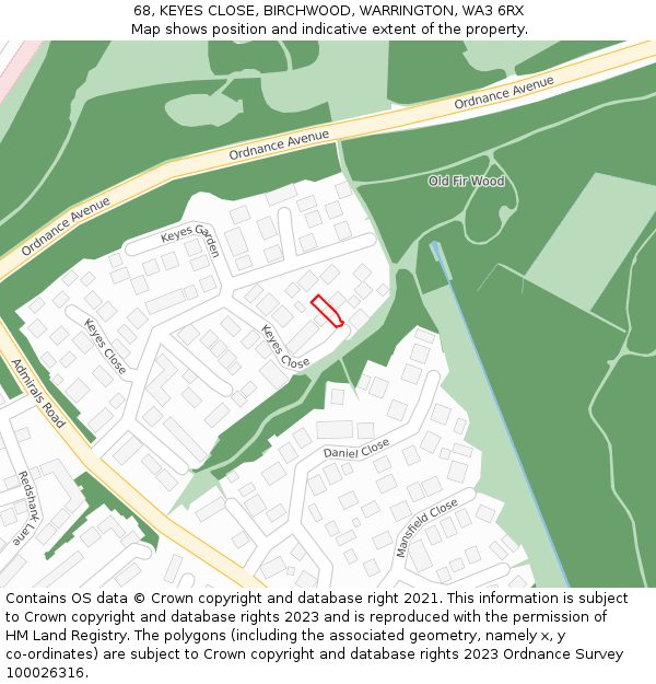 68, KEYES CLOSE, BIRCHWOOD, WARRINGTON, WA3 6RX: Location map and indicative extent of plot