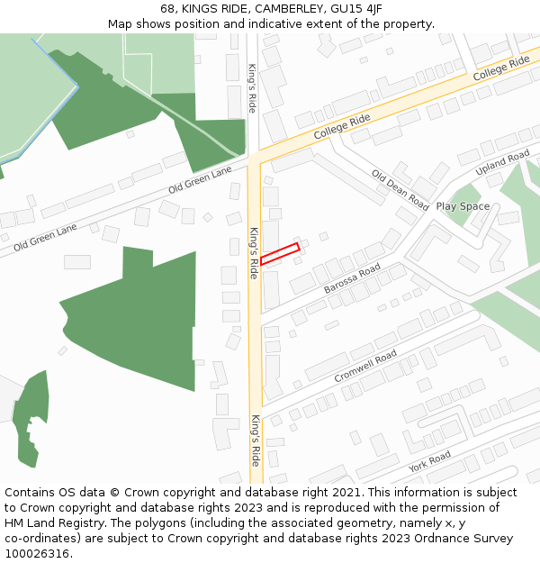 68, KINGS RIDE, CAMBERLEY, GU15 4JF: Location map and indicative extent of plot