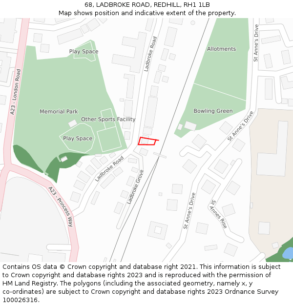 68, LADBROKE ROAD, REDHILL, RH1 1LB: Location map and indicative extent of plot