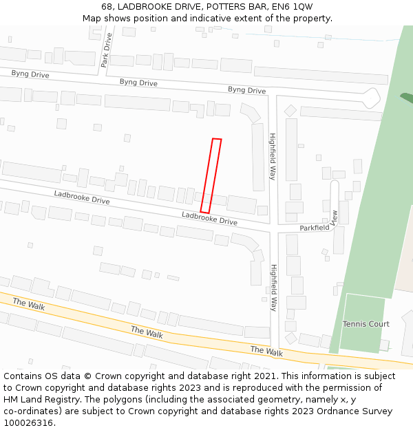 68, LADBROOKE DRIVE, POTTERS BAR, EN6 1QW: Location map and indicative extent of plot