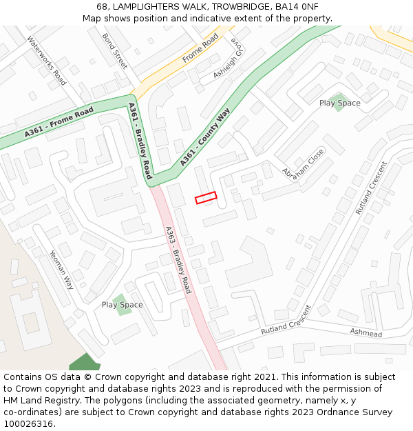 68, LAMPLIGHTERS WALK, TROWBRIDGE, BA14 0NF: Location map and indicative extent of plot