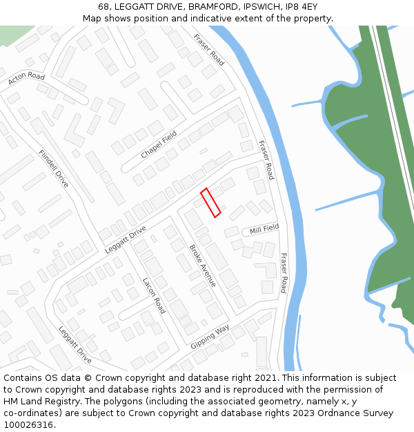 68, LEGGATT DRIVE, BRAMFORD, IPSWICH, IP8 4EY: Location map and indicative extent of plot