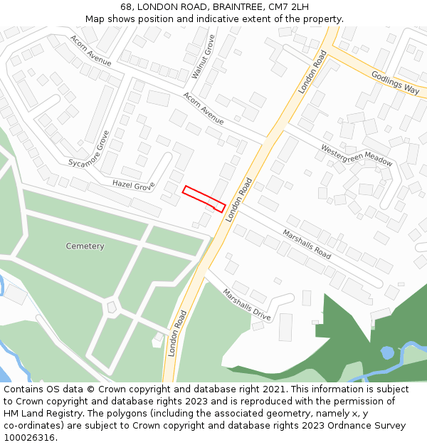 68, LONDON ROAD, BRAINTREE, CM7 2LH: Location map and indicative extent of plot
