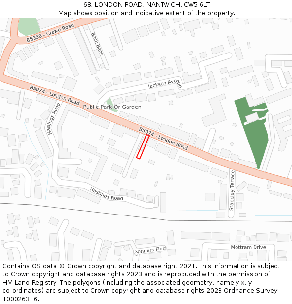 68, LONDON ROAD, NANTWICH, CW5 6LT: Location map and indicative extent of plot