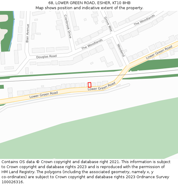 68, LOWER GREEN ROAD, ESHER, KT10 8HB: Location map and indicative extent of plot