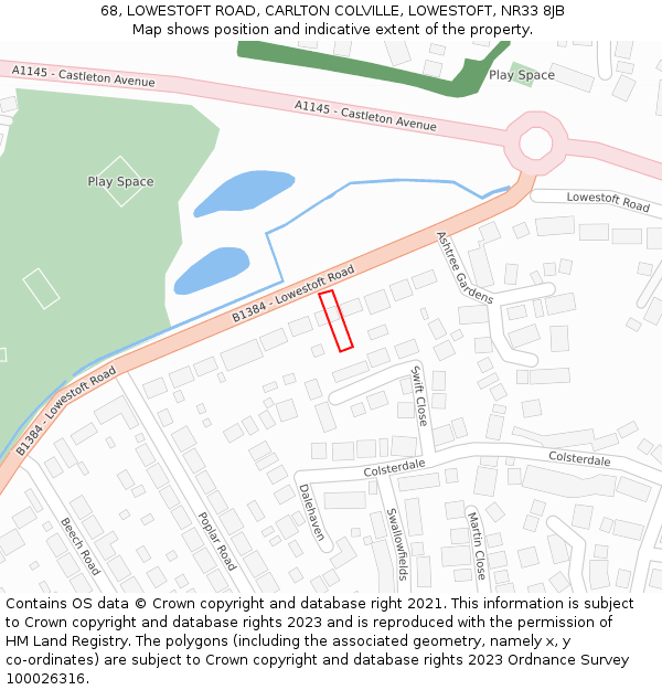 68, LOWESTOFT ROAD, CARLTON COLVILLE, LOWESTOFT, NR33 8JB: Location map and indicative extent of plot