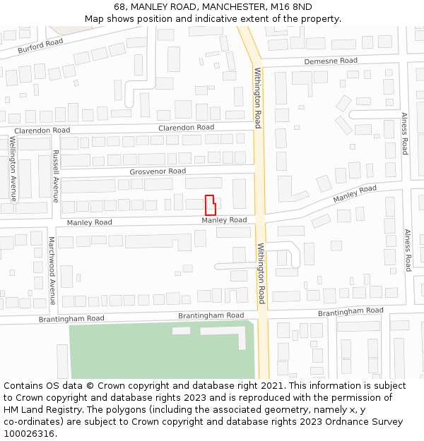 68, MANLEY ROAD, MANCHESTER, M16 8ND: Location map and indicative extent of plot