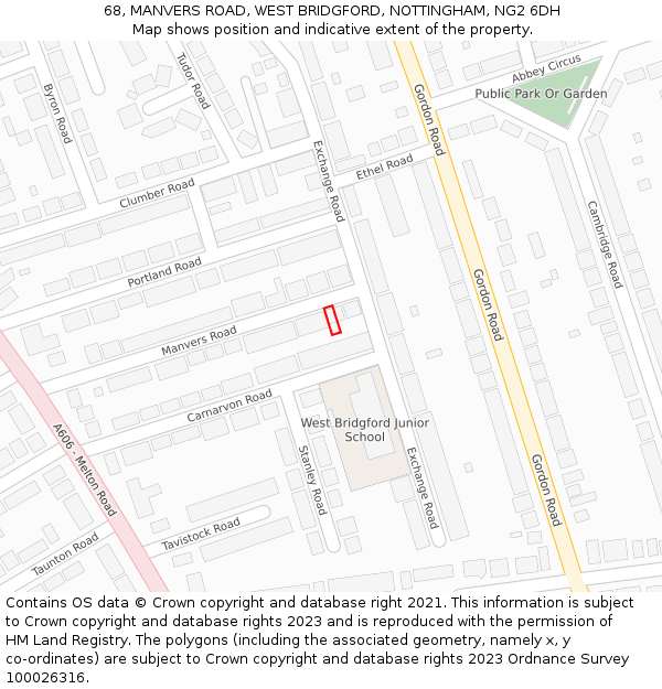 68, MANVERS ROAD, WEST BRIDGFORD, NOTTINGHAM, NG2 6DH: Location map and indicative extent of plot