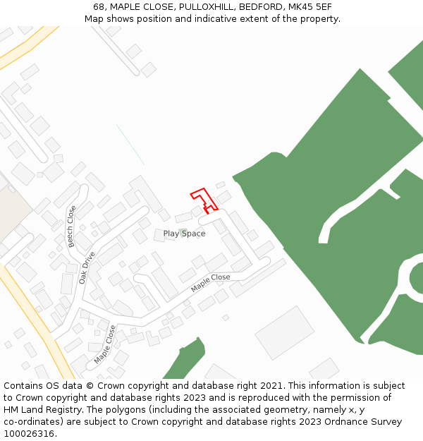 68, MAPLE CLOSE, PULLOXHILL, BEDFORD, MK45 5EF: Location map and indicative extent of plot