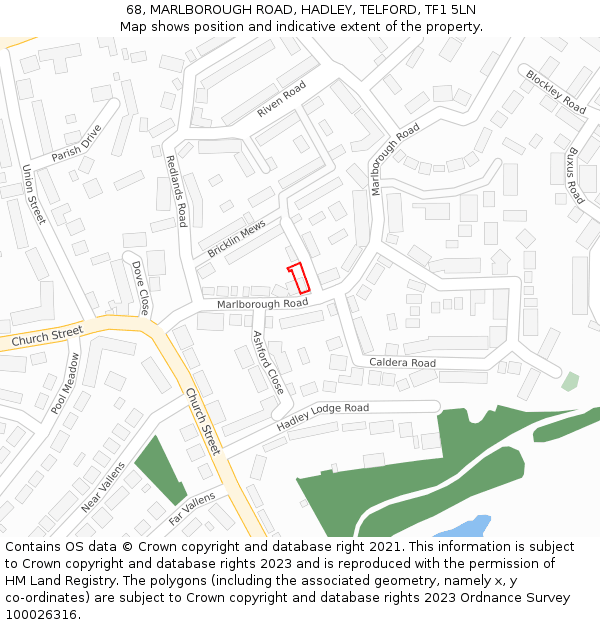 68, MARLBOROUGH ROAD, HADLEY, TELFORD, TF1 5LN: Location map and indicative extent of plot