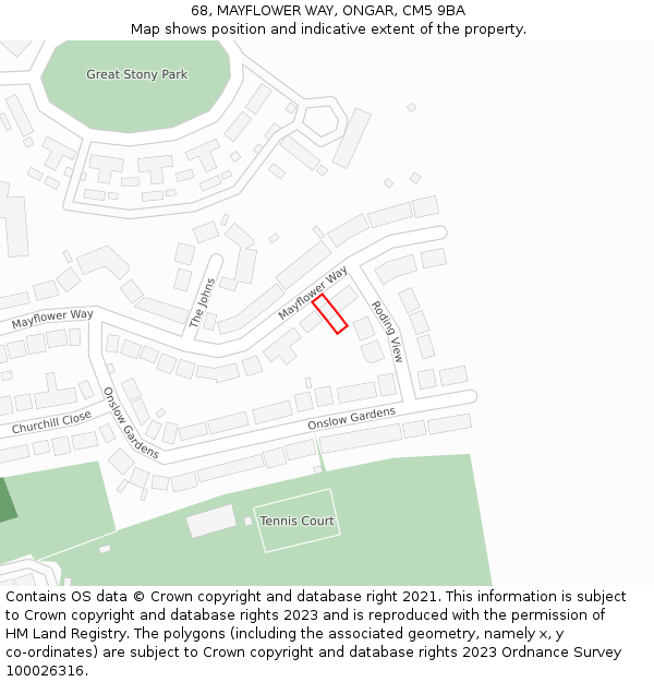 68, MAYFLOWER WAY, ONGAR, CM5 9BA: Location map and indicative extent of plot