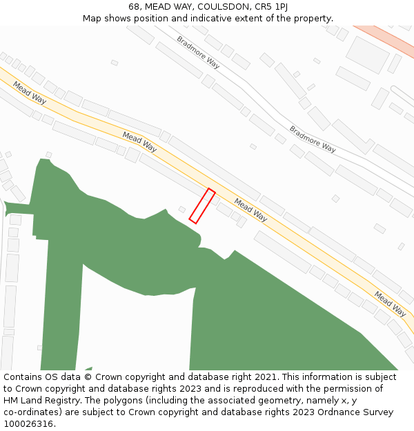 68, MEAD WAY, COULSDON, CR5 1PJ: Location map and indicative extent of plot
