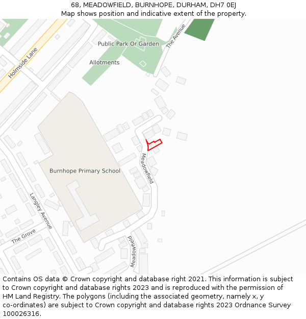68, MEADOWFIELD, BURNHOPE, DURHAM, DH7 0EJ: Location map and indicative extent of plot