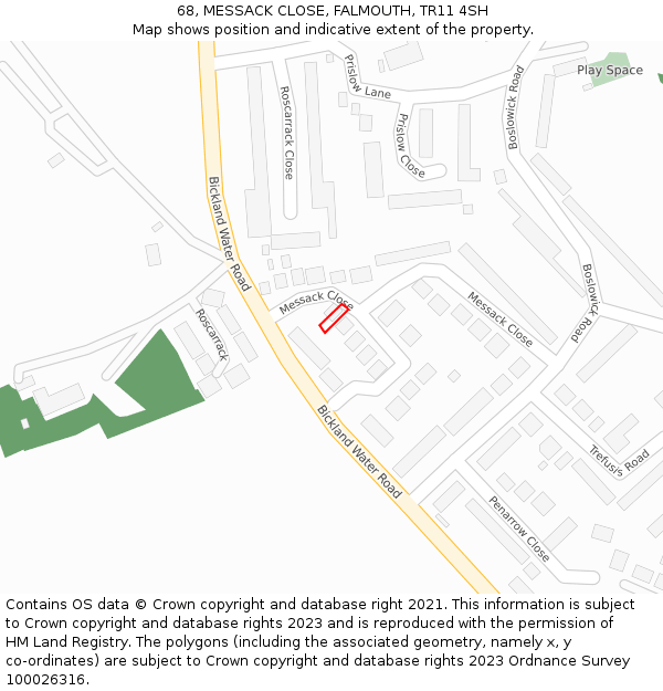 68, MESSACK CLOSE, FALMOUTH, TR11 4SH: Location map and indicative extent of plot