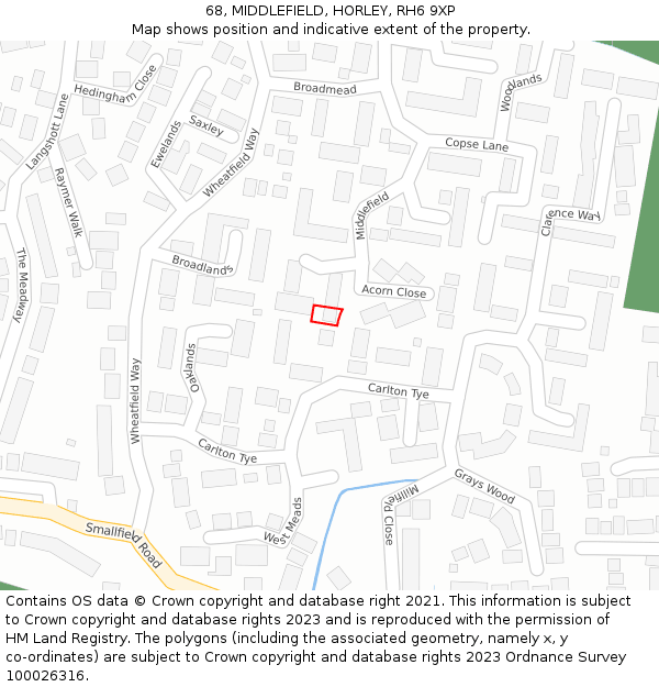 68, MIDDLEFIELD, HORLEY, RH6 9XP: Location map and indicative extent of plot