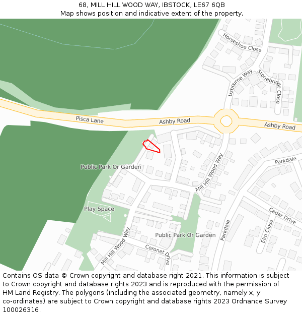 68, MILL HILL WOOD WAY, IBSTOCK, LE67 6QB: Location map and indicative extent of plot