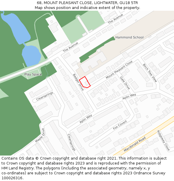 68, MOUNT PLEASANT CLOSE, LIGHTWATER, GU18 5TR: Location map and indicative extent of plot