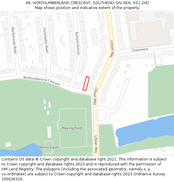 68, NORTHUMBERLAND CRESCENT, SOUTHEND-ON-SEA, SS1 2XD: Location map and indicative extent of plot