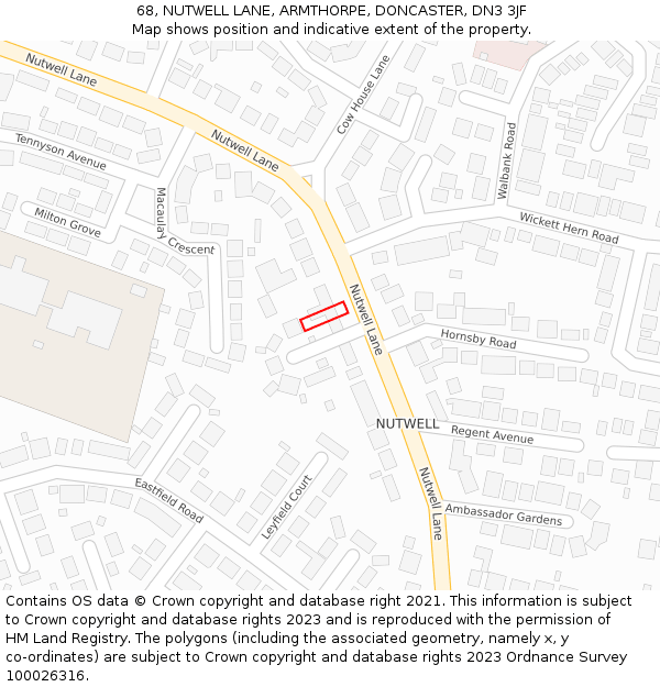 68, NUTWELL LANE, ARMTHORPE, DONCASTER, DN3 3JF: Location map and indicative extent of plot