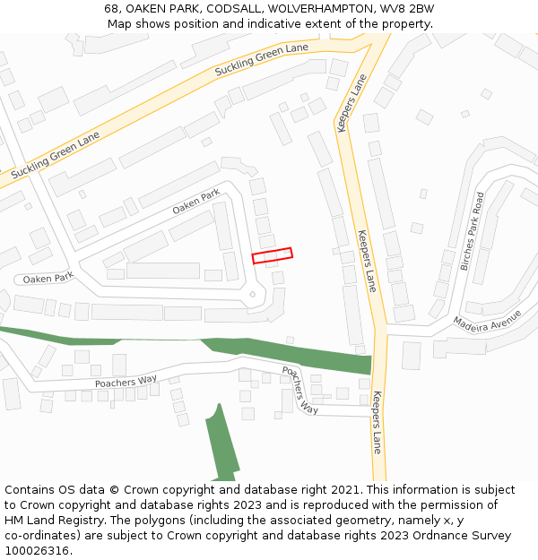 68, OAKEN PARK, CODSALL, WOLVERHAMPTON, WV8 2BW: Location map and indicative extent of plot