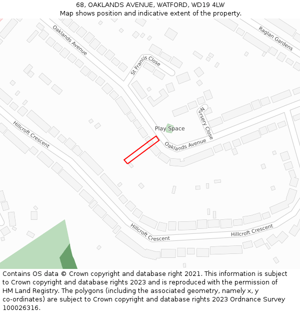 68, OAKLANDS AVENUE, WATFORD, WD19 4LW: Location map and indicative extent of plot