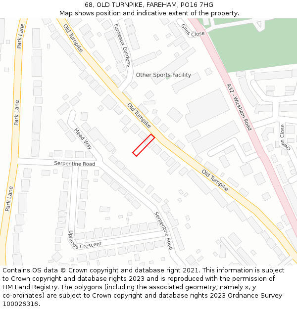 68, OLD TURNPIKE, FAREHAM, PO16 7HG: Location map and indicative extent of plot