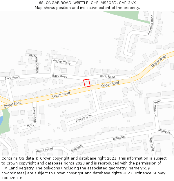68, ONGAR ROAD, WRITTLE, CHELMSFORD, CM1 3NX: Location map and indicative extent of plot