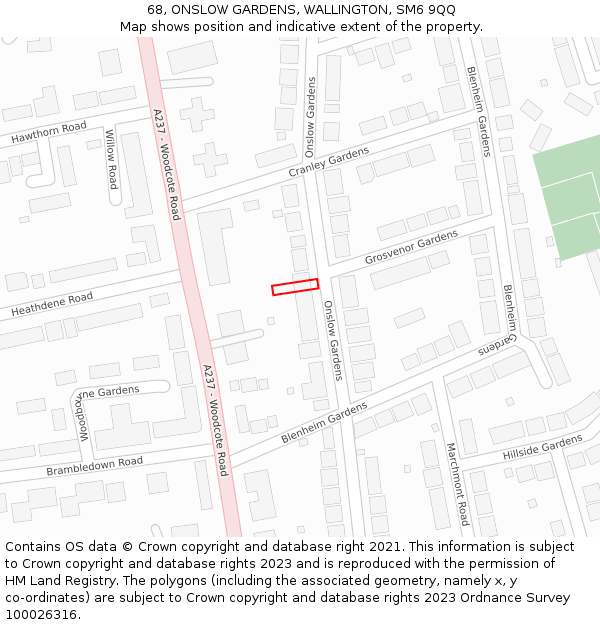 68, ONSLOW GARDENS, WALLINGTON, SM6 9QQ: Location map and indicative extent of plot
