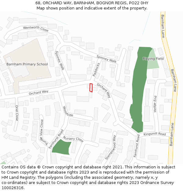 68, ORCHARD WAY, BARNHAM, BOGNOR REGIS, PO22 0HY: Location map and indicative extent of plot