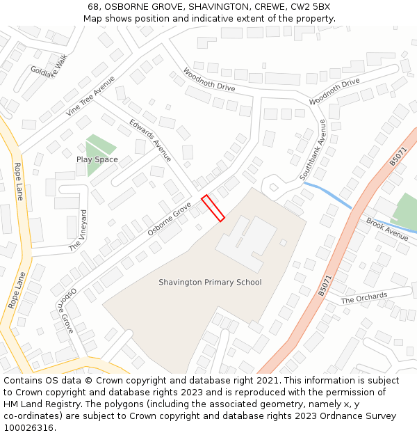 68, OSBORNE GROVE, SHAVINGTON, CREWE, CW2 5BX: Location map and indicative extent of plot