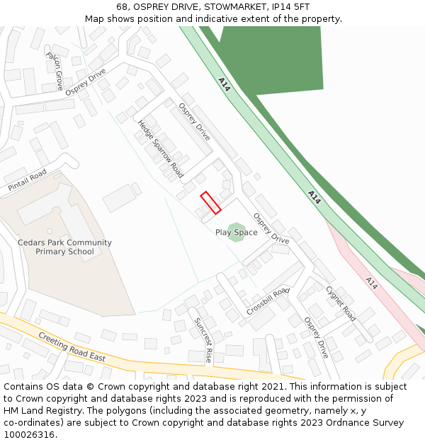 68, OSPREY DRIVE, STOWMARKET, IP14 5FT: Location map and indicative extent of plot