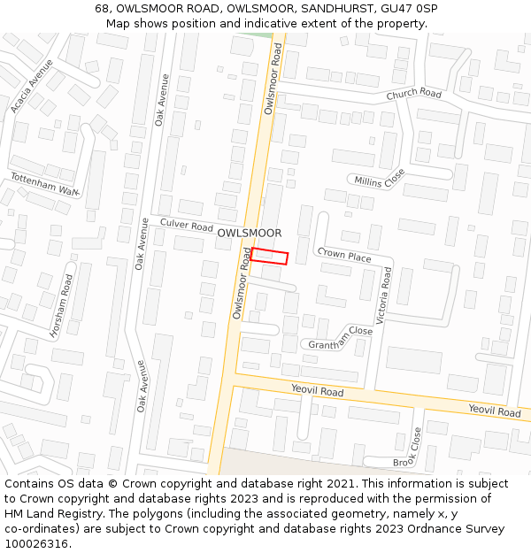 68, OWLSMOOR ROAD, OWLSMOOR, SANDHURST, GU47 0SP: Location map and indicative extent of plot