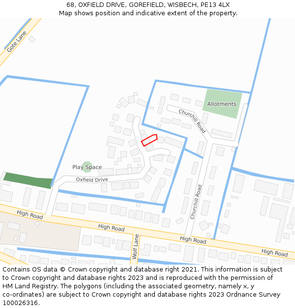 68, OXFIELD DRIVE, GOREFIELD, WISBECH, PE13 4LX: Location map and indicative extent of plot