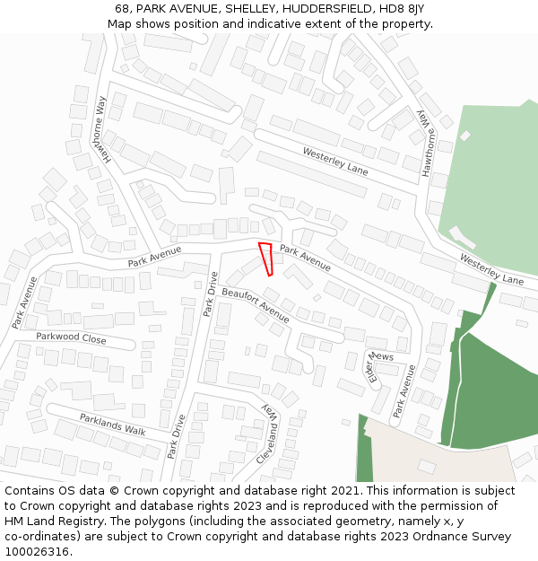 68, PARK AVENUE, SHELLEY, HUDDERSFIELD, HD8 8JY: Location map and indicative extent of plot