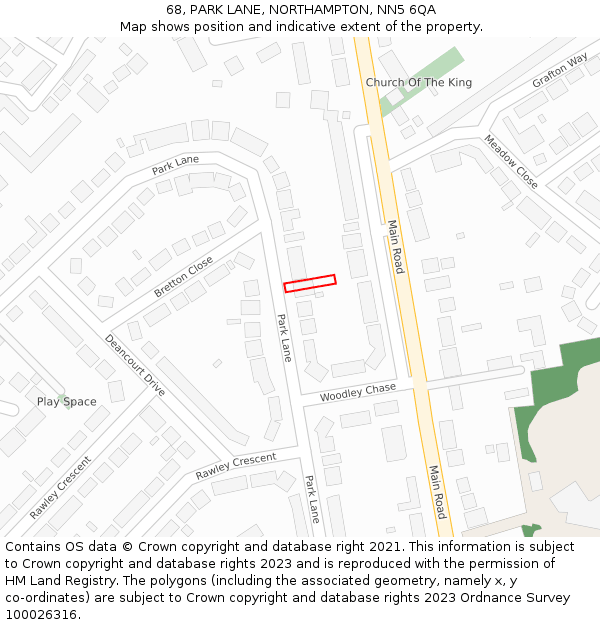 68, PARK LANE, NORTHAMPTON, NN5 6QA: Location map and indicative extent of plot