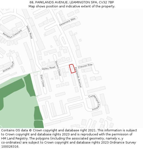 68, PARKLANDS AVENUE, LEAMINGTON SPA, CV32 7BP: Location map and indicative extent of plot