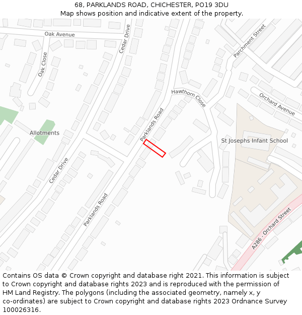 68, PARKLANDS ROAD, CHICHESTER, PO19 3DU: Location map and indicative extent of plot