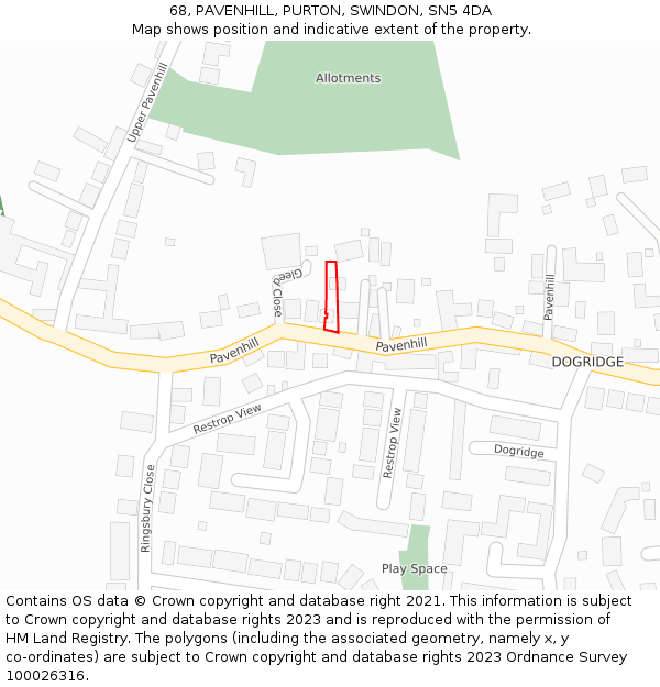 68, PAVENHILL, PURTON, SWINDON, SN5 4DA: Location map and indicative extent of plot